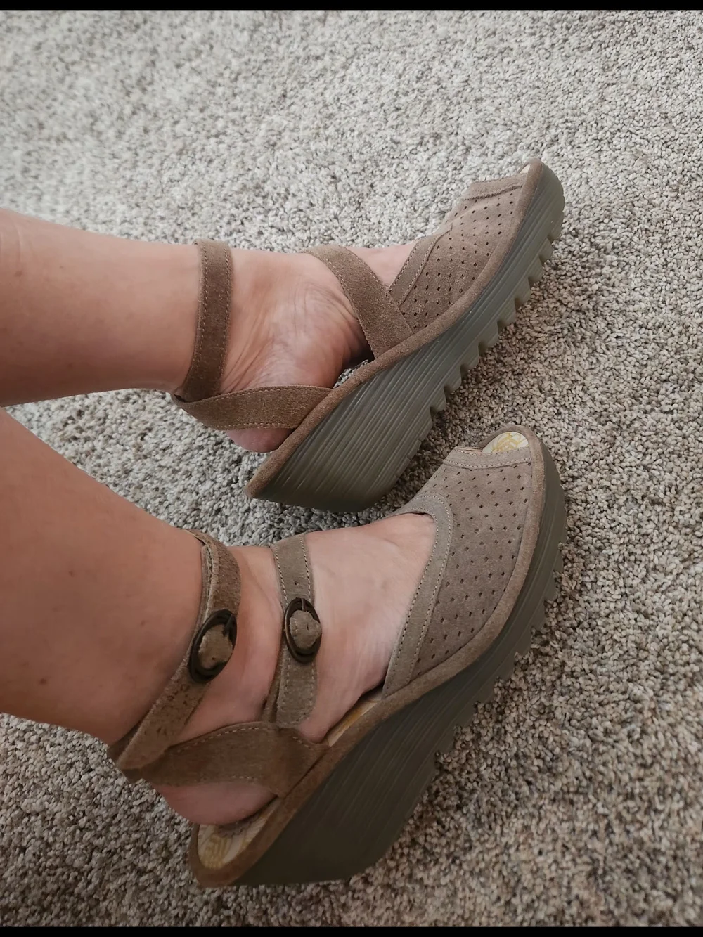 Fly London  Taupe Suede Ankle-Strap Wedge Sandal